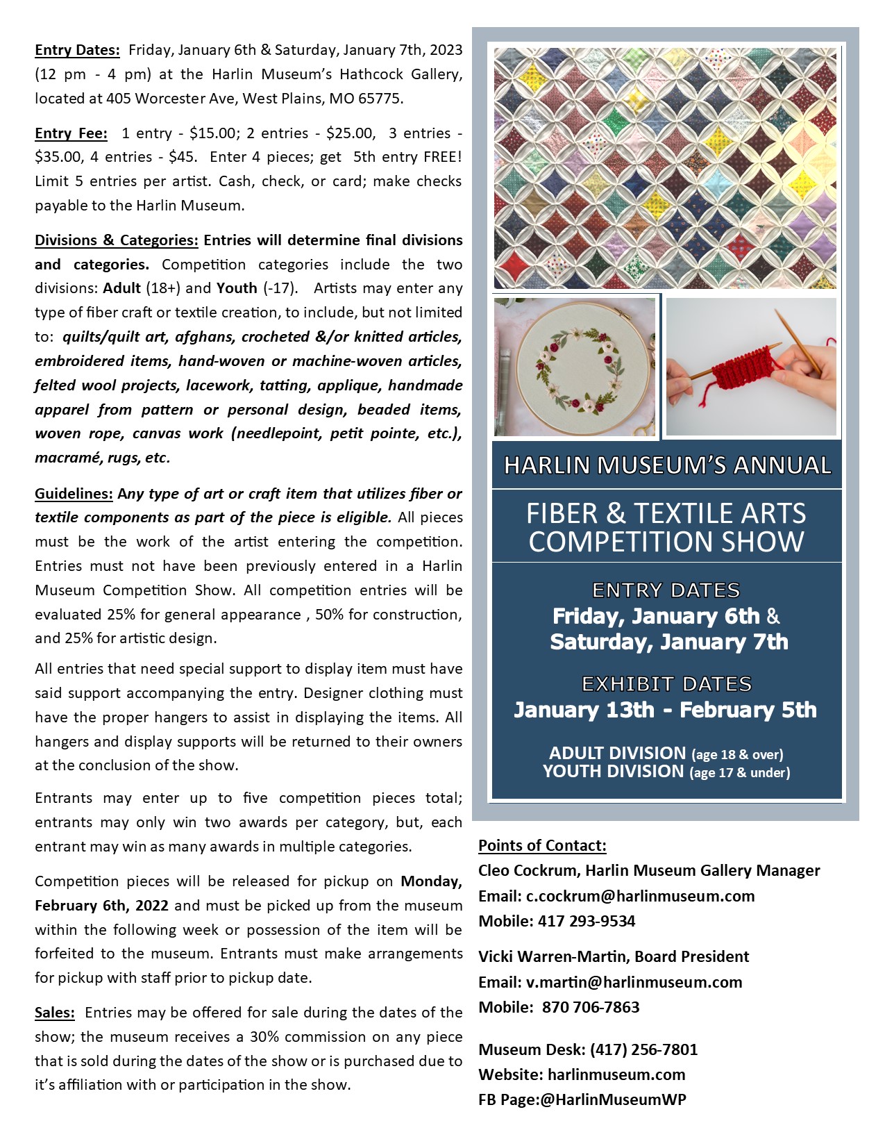 ENTRY DATE 2023 Fiber & Textile Arts Competition Show